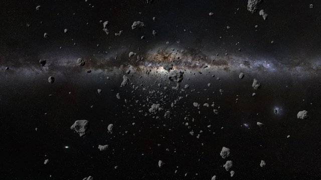 asteroid field fly through, science fiction space scene, 4k loop