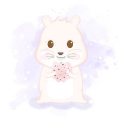 Cute hamster enjoy eating cookie hand drawn animal illustration