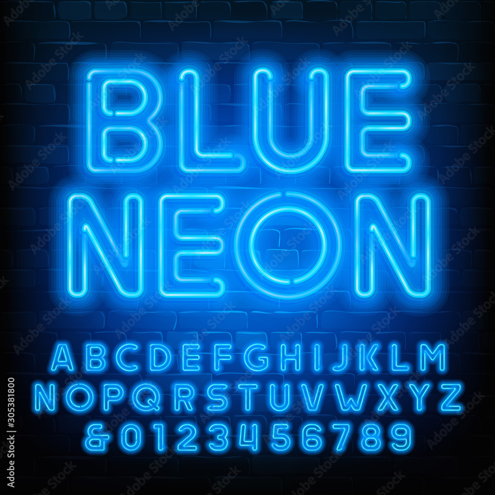 Fototapete blue neon alphabet font. uppercase neon light letters and numbers. brick wall background. stock vect