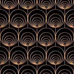 Behang Geometrische cirkel koninklijke patroon naadloos. Goud zwarte luxe achtergrond vector. Art deco-ontwerp voor vakantie-inpakpapier, verpakking, beauty spa, behang, huwelijksfeest, achtergrond. © irinelle