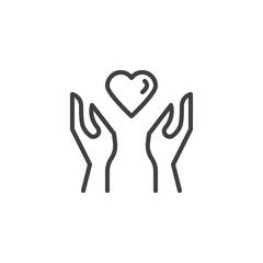 Heart donation hands line icon. linear style sign for mobile concept and web design. Hands with heart outline vector icon. Charity symbol, logo illustration. Vector graphics