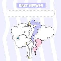 Cute baby shower cartoon with beautiful unicorn. Label for children with funny unicorns. Vector illustration.