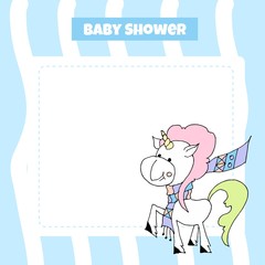 Cute baby shower cartoon with beautiful unicorn. Label for children with funny unicorns. Vector illustration.