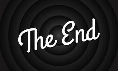 The End movie screen background. Vintage cinema or film poster. Retro circle frame. Vector illustration.