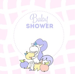 Cute baby shower cartoon with beautiful unicorn. Label for children with funny unicorns. Vector illustration.