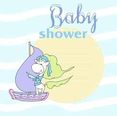Cute baby shower cartoon with beautiful unicorn. Label for children with funny unicorns. Vector illustration.