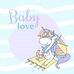 Cute baby shower cartoon with beautiful unicorn. Label for children with funny unicorns. Vector illustration. Baby love.