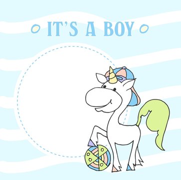 Cute baby shower cartoon with beautiful unicorn. Label for children with funny unicorns. Vector illustration. It's a boy