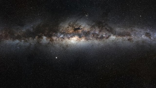 UFO fly by, rotating spaceship with extraterrestrial visitors,  high detailed alien flying saucer traveling towards the Milky Way, 4k loop 