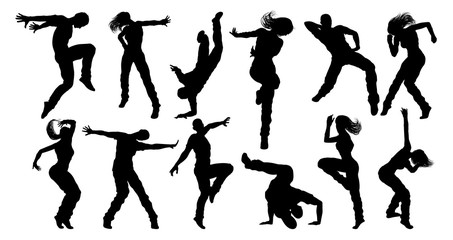 A set of men and women street dance hip hop dancers in silhouette