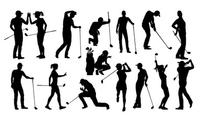 A set of golfer sports people playing golf in various poses