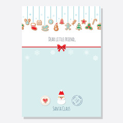 Christmas letter from Santa Claus template A4. Decorated with Gingerbread cookies garland and snowflakes. Vector