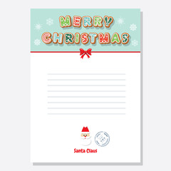 Christmas Santa letter blank template A4 decorated with Gingerbread cookie letters and snowflakes. Vector