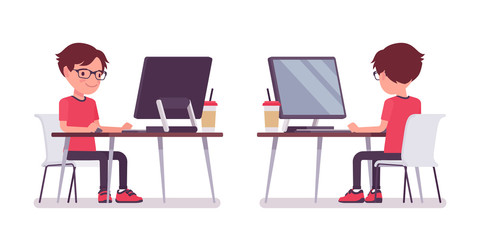 School boy in casual wear studying at computer monitor. Cute small guy in glasses, active young kid, smart elementary pupil aged between 7 and 9 years old. Vector flat style cartoon illustration