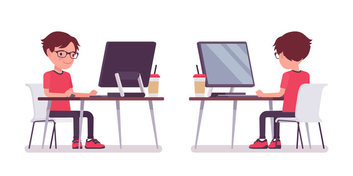 School boy in casual wear studying at computer monitor. Cute small guy in glasses, active young kid, smart elementary pupil aged between 7 and 9 years old. Vector flat style cartoon illustration