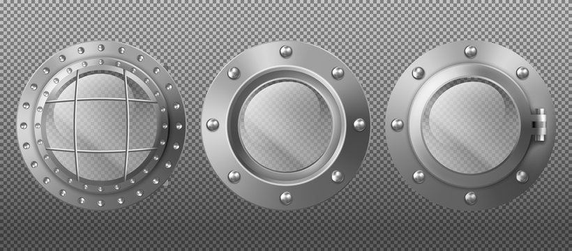 Metal round portholes in ship, submarine or spaceship. Vector set of realistic steel circle windows illuminators with rivets isolated on transparent background
