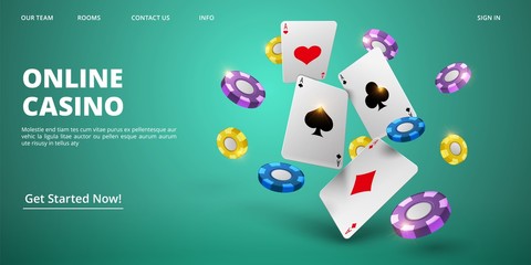 Online casino landing page. Vector realistic cards and chips. Casino web banner template. Illustration casino game poker, jackpot card and gambling