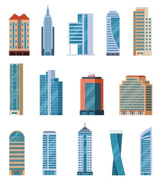 Flat skyscrapers. Modern city tall buildings. Residential and office houses exterior. Apartment blocks isolated cartoon vector set. Illustration skyscraper construction, tall building architecture