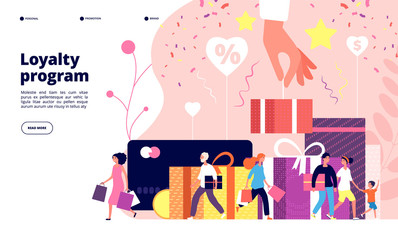 Loyalty program concept. Customer allegiance marketing program, discount rewards card, retail clients store. Advertisement vector design loyalty reward program illustration