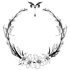 vector frame with lily flowers and  silhouette of branch in black and white colors