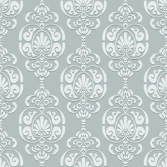 Damascus. Vector floral 3D seamless background. White and gray color. Elegant luxury texture for Wallpapers, backgrounds.