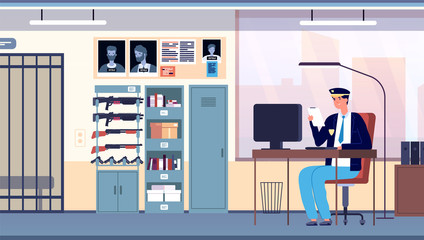 Police office. Law enforcement room city department. Cop in uniform working on professional investigator in cabinet interior vector concept. Illustration cop office, city station department police