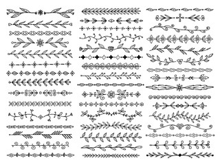 Fototapeta premium Sketch borders. Ornamental christmas doodle dividers, rough rustic line frame with flower and foliage. Wedding card underline vector set. Illustration rough doodle sketch, scribble curve