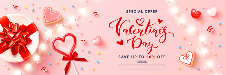 Valentine's day sale background with Red heart lollipop,cookies, streamers,gift box and garland. Modern design.Universal vector background for poster, banners, flyers, card,advertising brochure
