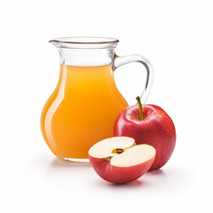 A jug of apple cider vinegar with fresh red apples isolated on white background