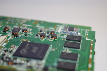 Obraz premium Electronic circuit board with RAM memory chips and CPUs