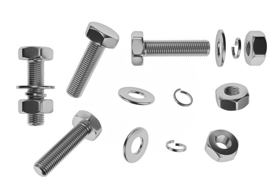 Bolts, nuts, washers, growers on a white background 3D rendering
