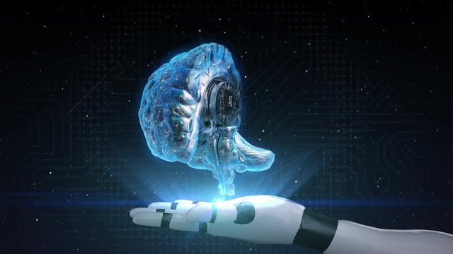 Robot hand spread out, The AI CPU appears in the digital brain. Artificial intelligence concept. 4k animation.