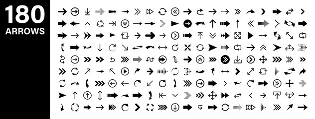 Arrows set of 180 black icons. Arrow icon. Arrow vector collection. Arrow. Cursor. Modern simple arrows. Vector illustration.