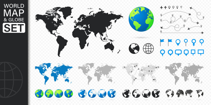 Set of Maps and Globes. Pins, airplane, location, plane, globe icons. Planet with continents. Business infographics elements. Vector illustration.