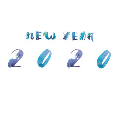 2020 New Year. Winter holiday lettering typography for New Year 2020 celebration. Watercolor illustrations.