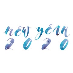 2020 New Year. Winter holiday lettering typography for New Year 2020 celebration. Watercolor illustrations.