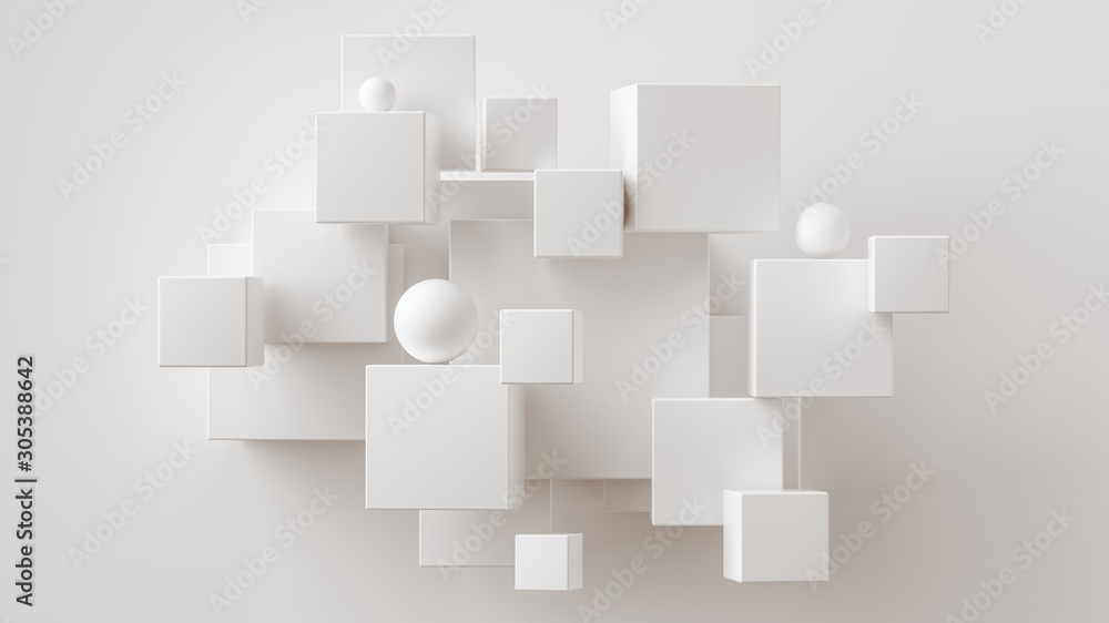 Fototapete chaotic cubes with copy space. white abstract geometric background. 3d rendering cubic minimal compo