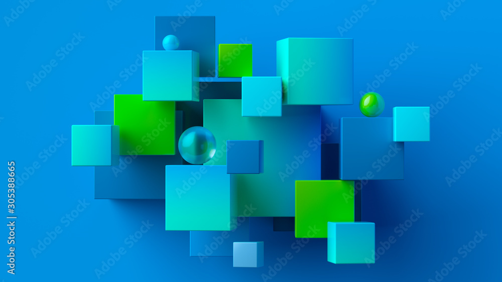 Poster chaotic cubes with copy space. blue green abstract geometric background. 3d rendering cubic minimal 