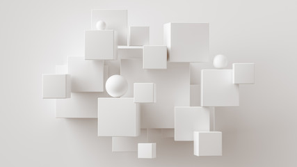 Chaotic cubes with copy space. White abstract geometric background. 3d rendering cubic minimal composition for corporate design template.
