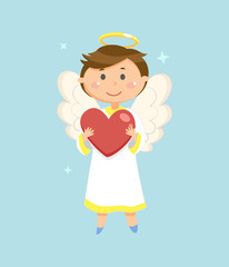 Cupid with heart, Valentines day symbol, angel boy vector. Halo and wings, love holiday celebration, heaven creature or match maker, child in dress