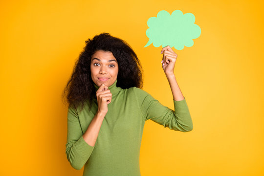 Photo of trendy cheerful positive woman touching her chin holding bubble of thoughtful isolated vivid color background