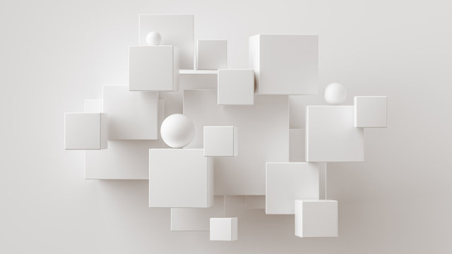 Chaotic cubes with copy space. White abstract geometric background.  3d rendering cubic minimal composition for corporate design template.