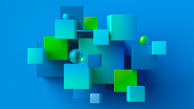 Fototapeta Chaotic cubes with copy space. Blue green abstract geometric background.  3d rendering cubic minimal composition for corporate design template.
