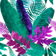Pattern Neon tropical leaves of palm, monstera, fern. Pink, purple and blue plants on a white background.