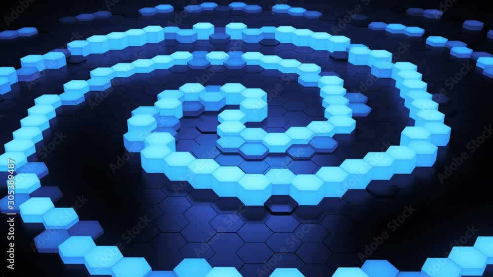 Poster blue 3d render background made of stacked hex geometry. glow bright spiral in the center. technology