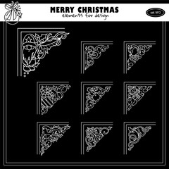 Set of chalkboard elements for design and decoration. Christmas and winter collection of corners and frames, black and white colors