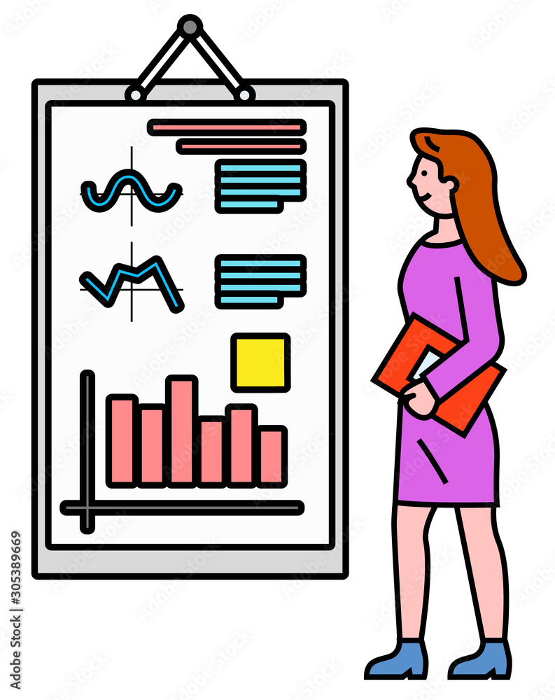 Poster business seminar and explanation of data on board, isolated character at work. woman with document g