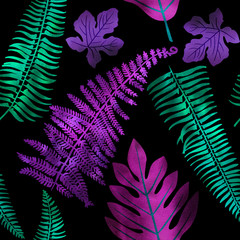 Pattern Neon tropical leaves of palm, monstera, fern. Pink, purple and blue plants on a black background.