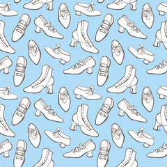 Retro shoes background. Vector hand draw vintage seamless patter.
