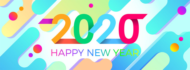 2020 Happy New Year. Paper Memphis geometric bright style for holidays flyers, greetings, invitations, Happy New Year or Merry Christmas cards. Holiday background, poster, banner. Vector Illustration.